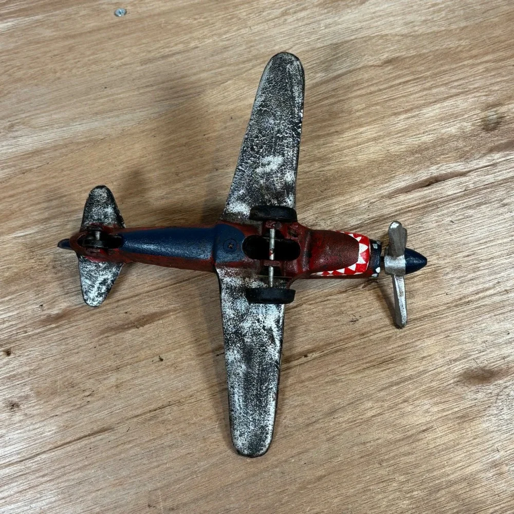 Vintage Cast Iron P-41 Fighter Plane Model WWII Style Shark Mouth Metal Aircraft